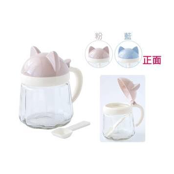 貓咪玻璃調味罐附匙300ml(粉色)-台灣玻璃館